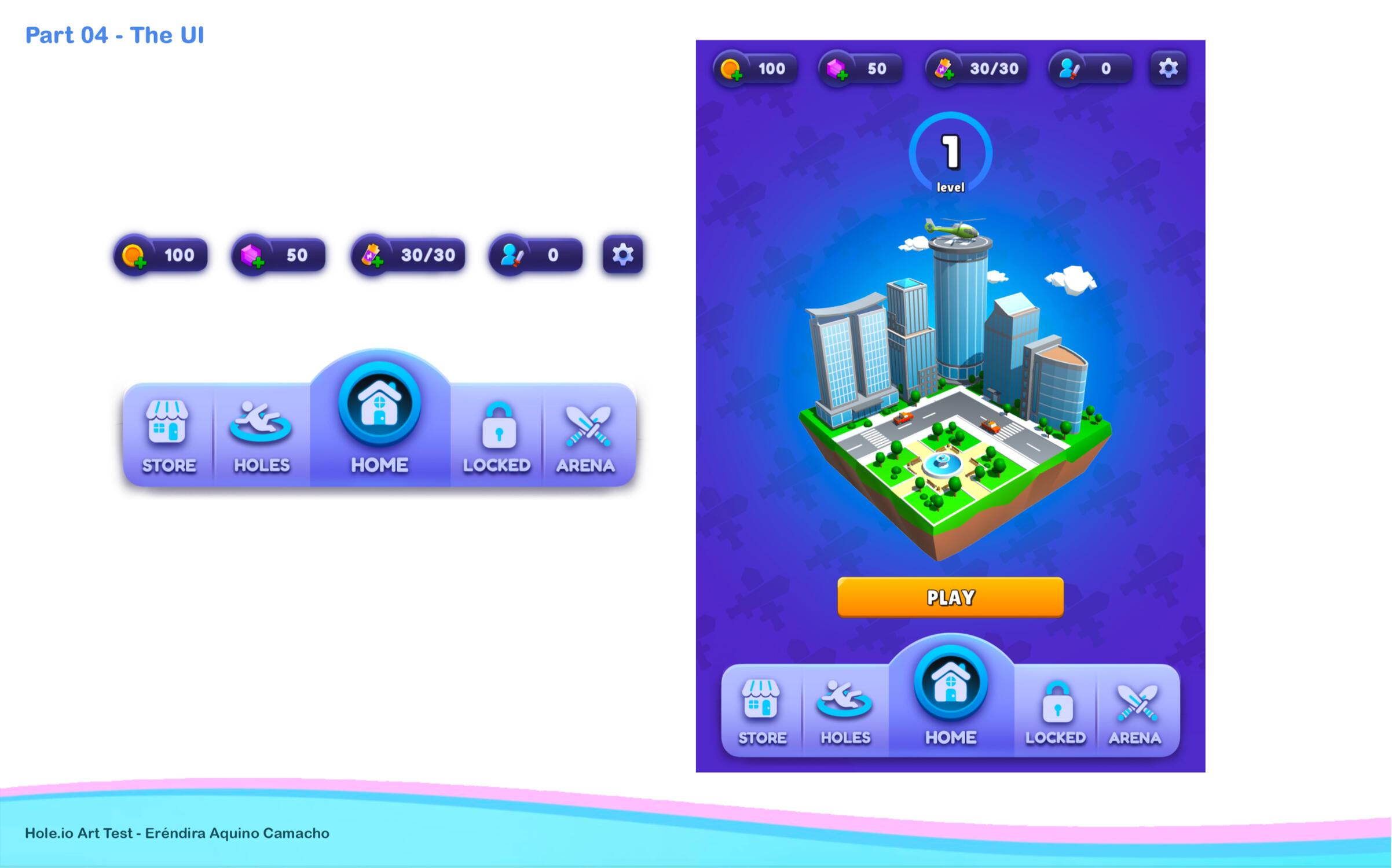 UI redesign/art test for mobile game Hole.io, developed by Voodoo UI redesign/art test for mobile game Hole.io, developed by Voodoo